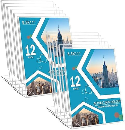 12 Pack Acrylic Sign Holder 8.5 x 11 Slant Back Acrylic Stands for Display Plexiglass Clear Acrylic Display Stands for Ad Frame, Picture Photo Frames, Promotions, Restaurants, Office, Store