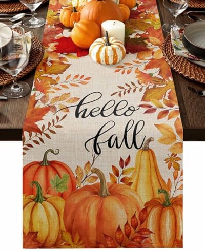 Fall Pumpkin Table Runner Dresser Scarf 16 x 72 Inch Harvest Orange Maple Leaves Table Runners Non-Slip Heat Resistant Kitchen Dining Table Decor for Autumn Thanksgiving Holidays Indoor Outdoor