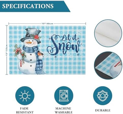 Snowman Christmas Placemat 1PC, Let It Snow Winter Holiday Heat Resistant Washable Table Place Mats Blue White Buffalo Plaid Cotton Table Linens Party Holiday Decor for Kitchen Dining Outdoor Indoor