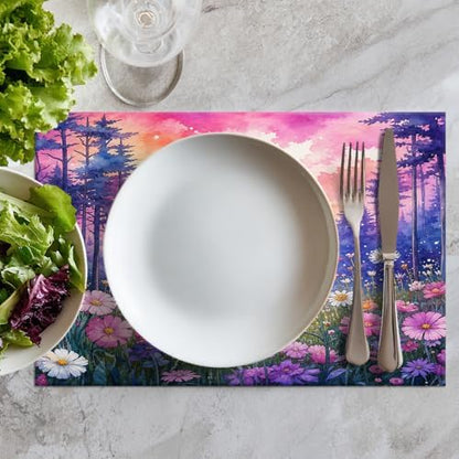 Batmerry Forest Flowers Sunset Placemats, Beautiful Forest Sunset Scene Washable Linen Table Mats for Kitchen Table Double Insulation Decor Dining Set Indoor Outdoor 12X18 in Set of 4