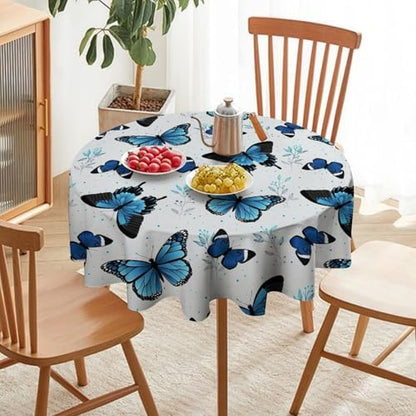 Blue Flying Butterfly Tablecloth, Vintage Celestial Butterfly Herbs Leaves Flower Print Table Cloth for Farmhouse Kitchen Party Picnic Dinner Decor, 36x36in