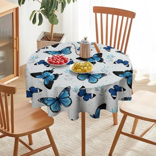 Blue Flying Butterfly Tablecloth, Vintage Celestial Butterfly Herbs Leaves Flower Print Table Cloth for Farmhouse Kitchen Party Picnic Dinner Decor, 60x60in