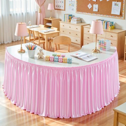 Wish Care 9ft Pink Satin Table Skirt for Rectangle Tables Wrinkle Free Teacher Desk Skirt Glitter Ruffle Table Skirting Cloth for Back to School Classroom Office Dorm Girls Birthday Party Table Decor