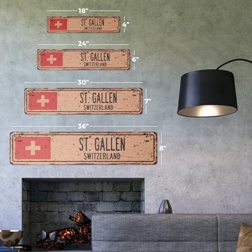 ST. Gallen Switzerland Vintage Plastic Street Sign Swiss Flag City Country Road Wall Gift | Indoor/Outdoor | 24" Wide