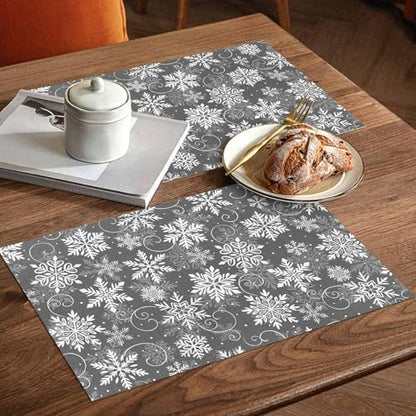 Christmas Placemat 1PC, Grey White Snowflakes Pattern Heat Resistant Washable Table Place Mats Winter Cotton Table Linens Party Holiday Decor for Kitchen Dining Outdoor Indoor