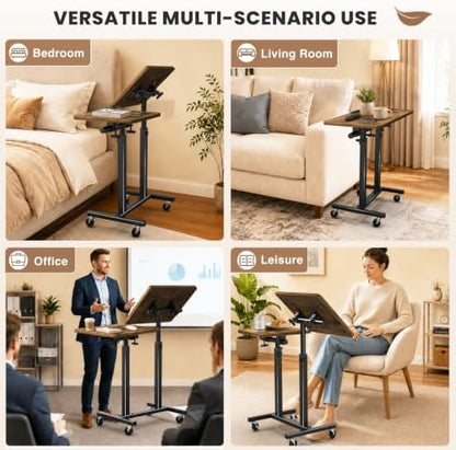 Elowen Rolling Laptop Desk with Wheels, Double-Pole Portable Overbed Table