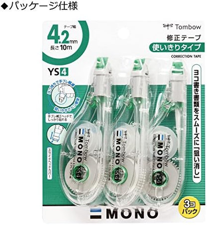 Tombow Pencil Correction Tape, 0.17 inches (4.2 mm), MONO Mono YS (Side Pull Type That Can Be Used Like a Pen), Disposable Type, 32.8 ft (10 m), Pack of 3 (CT-YS4 x 3)