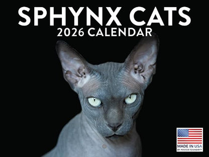 Sphynx Cat Calendar 2026 Hairless Cat Gifts Monthly Wall Calender 12 Month | American Made In The USA