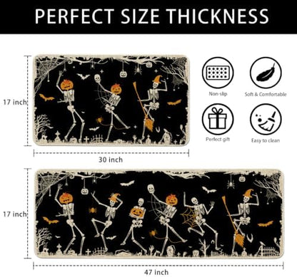 Halloween Kitchen Mat Decor, Skeleton Black Halloween Kitchen Rugs Set of 2