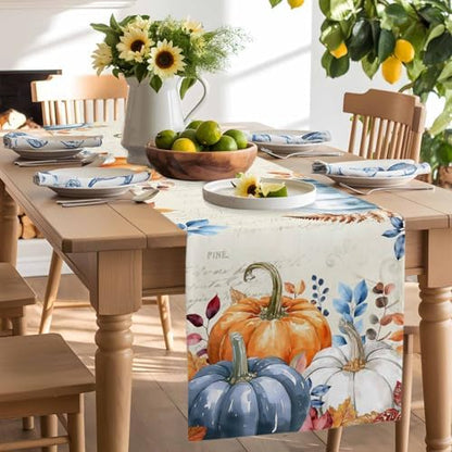 Fall Orange Blue Pumpkin Table Runner Dresser Scarf 13 x 60 Inch Eucalyptus Leaf Retro Thanksgiving Table Runners Non-Slip Heat Resistant Kitchen Dining Table Decor for Autumn Holidays Indoor Outdoor