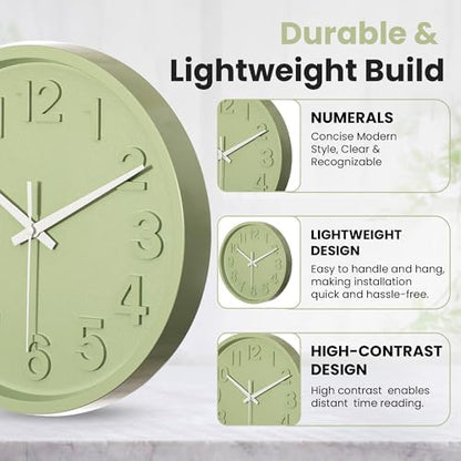 Clockswise 12-Inch Modern Minimalist Round Plastic Wall Clock Green Dial with Bold Arabic Numerals Analog Display Step Movement Easy-to-Read Timepiece for Living Room Kitchen Office Bedroom Wall Decor