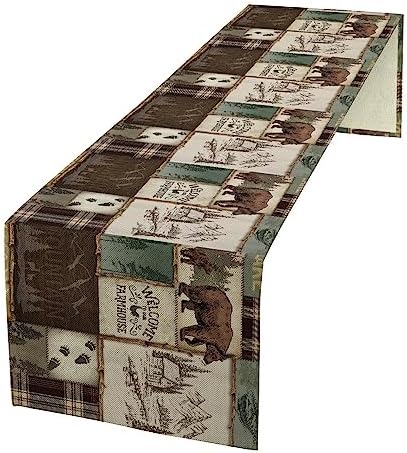 Rustic Cabin Bear Table Runner, Vintage Cottage Country Style Pine Tree Elk Wildlife Dinner Runner for Home Kitchen Dining Table Decoration 13"x120"
