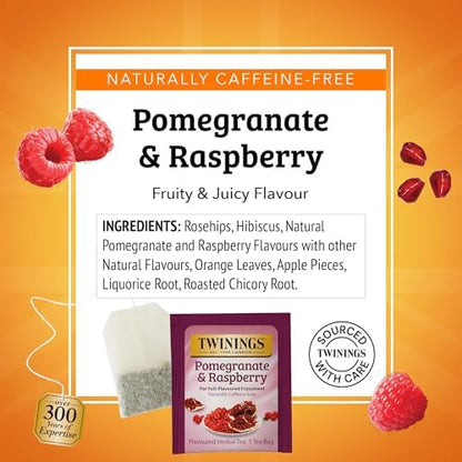 Twinings Pomegranate & Raspberry Herbal Tea Individually Wrapped Bags, 100 Count (Pack of 1), Naturally Caffeine-Free, Enjoy Hot or Iced, 100 Teabags
