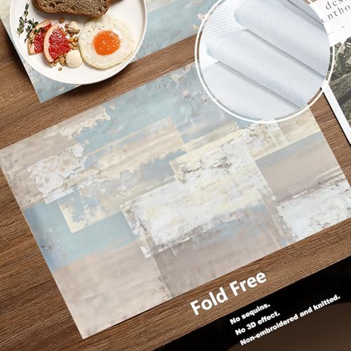 Batmerry Grey and Beige Abstract Painting Placemats, Taupe Squares Texture Washable Linen Table Mats for Kitchen Table Double Insulation Decor Dining Set Indoor Outdoor 12X18 in Set of 6