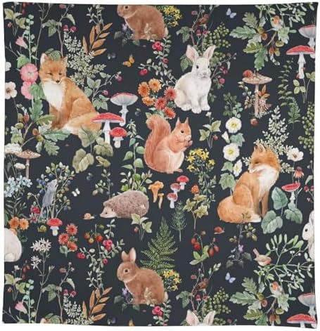Watercolor Forest Tablecloth, Rustic Woodland Animals Squirrel Rabbit Fox Wild Flower Mushroom Leaves Print Table Cloth Cover for Kitchen Dining Indoor Outdoor Decor 55x75in
