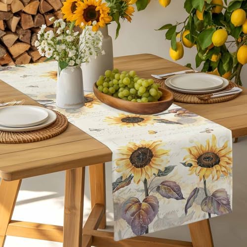 Farmhouse Sunflower Table Runner Dresser Scarf 13 x 108 Inch Vintage Yellow Flower Butterfly Botanical Table Runners Non-Slip Heat Resistant Kitchen Dining Table Decor for Home Holidays Indoor Outdoor