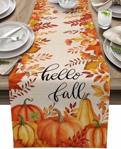 Fall Pumpkin Table Runner Dresser Scarf 14 x 72 Inch Harvest Orange Maple Leaves Table Runners Non-Slip Heat Resistant Kitchen Dining Table Decor for Autumn Thanksgiving Holidays Indoor Outdoor