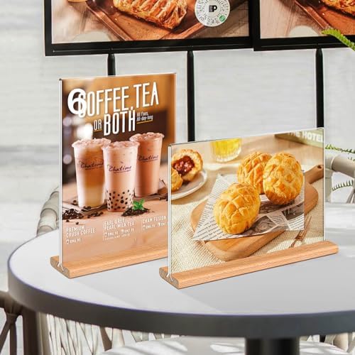 Kersally Acrylic Sign Holder 6 x 4, 6 Pack Double-Sided Clear Table Display Stands with Wood Base,Horizontal Acrylic Frame Menu Flyer Paper Holder for Store, Restaurant, Hotel, Office, Show Fair