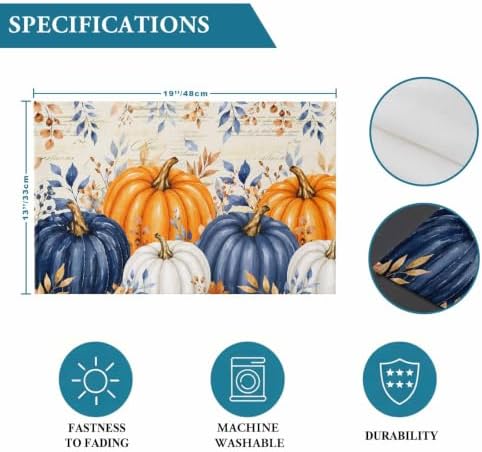 Fall Thanksgiving Placemats Set of 4, Orange Navy Blue Pumpkin Heat Resistant Washable Dining Table Mats Fall Holiday Farmhouse Decor for Kitchen&Linens Outdoor Indoor, Harvest Autumn Leaves