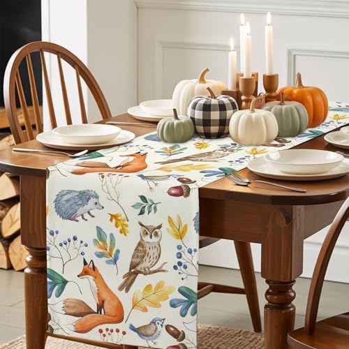 Fall Table Runner Autumn Animal Table Runners Harvest Thanksgiving Owl Bird Fox Leaves Cotton Linen Dresser Scarf Kitchen Dining Table Decor for Autumn Holiday Party Coffee 13x36 Inch