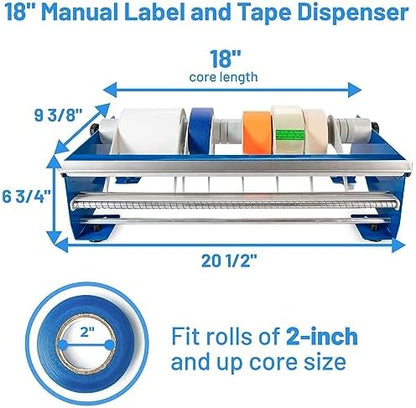 IDL Packaging 18" Manual Label and Tape Dispenser, 2" and Up Core Size, Adjustable Roll Width - Tabletop & Wall-Mounted Multi Roll Holder - Industrial Grade Steel Construction
