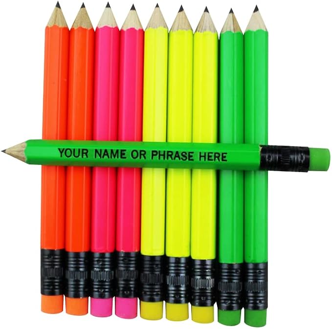 EZPENCILS & GIFTS - Golf Pencils Tipped with Eraser (1/2 a Pencil - Pew Pencils) - Neon Assorted Colored Barrel - FREE-PERSONALIZATION - 2HB Black Lead - Custom Text - Non-Smear Eraser – Package of 30