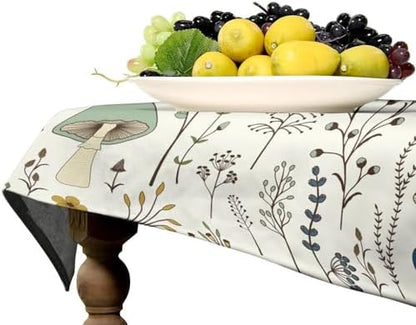 Mushroom Tablecloth, Boho Floral Rustic Wildflower Herbs Plants Colorful Botanical Green Leaves Print Table Cloth for Kitchen Dining Picnic Party Restaurant Decoration 60x90in