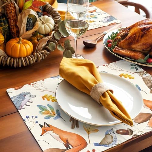 Fall Placemats Set of 4, Autumn Animal Place Mats Owl Bird Fox Leaves Tablemats Harvest Thanksgiving Placemat Table Decoration for Kitchen Table Holiday Dinner Party Autumn Home Decor