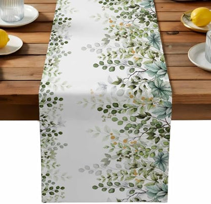 Green Eucalyptus Leaf Table Runner Dresser Scarf 13 x 120 Inch Farm Sage Green Orange Leaves Branch Table Runners Non-Slip Heat Kitchen Dining Tabletop Cover for Indoor Outdoor Home Party Decoration