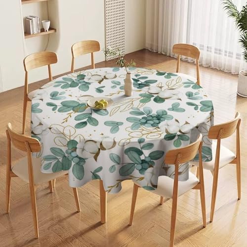 Cotton Flowers Tablecloth, Watercolor Summer Green Golden Eucalyptus Leaves Floral Print Table Cloth for Outdoor Picnic Home Dining Kitchen Table Decor, 50x50in