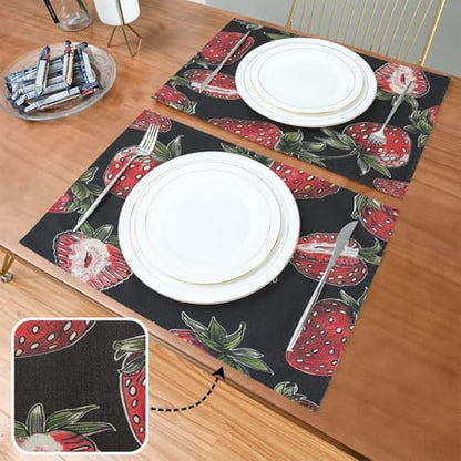 ALAZA Strawberry Hand Drawn Set of 4 Placemats Rectangle Table Mat for Dining Table Restaurant Kitchen Home Decor, 12" x 18"