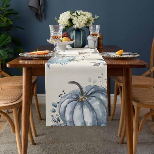 Fall Pumpkin Table Runner Dresser Scarf 13 x 48 Inch White Blue Leaves Rustic Table Runners Non-Slip Heat Resistant Kitchen Dining Table Decor for Autumn Thanksgiving Holidays Indoor Outdoor