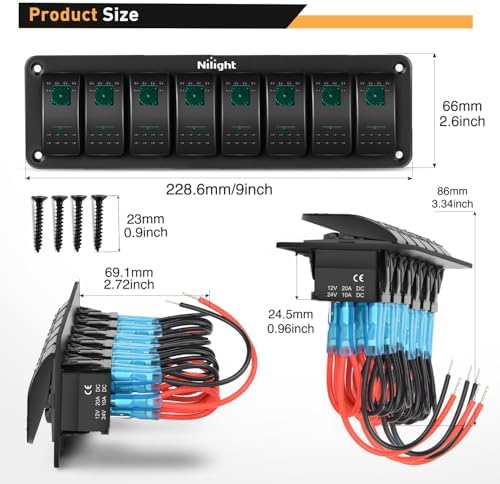 Nilight 8 Gang Rocker Switch Panel 5Pin On Off Toggle Switch Aluminum Holder 12V 24V Dash Pre-Wired Green Backlit Switches for Automotive Cars Marine Boats RVs Truck, 2 Years Warranty