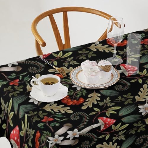 Autumn Mushroom Tablecloth, Rustic Vintage Farmhouse Mushrooms Fern Berries Leaves Botanical Print Table Cover for Outdoor Party Picnic Kitchen Dinning Table Decor 55x55in