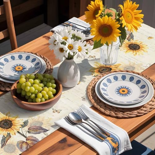 Farmhouse Sunflower Table Runner Dresser Scarf 13 x 108 Inch Vintage Yellow Flower Butterfly Botanical Table Runners Non-Slip Heat Resistant Kitchen Dining Table Decor for Home Holidays Indoor Outdoor