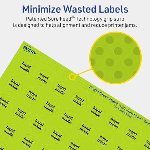 Avery Printable Round Labels, Sure Feed Technology, 3/4" Diameter, Bright Green Labels, Print-to-the-Edge, Laser/Inkjet, 6,400 Total, Great for Price Stickers and Mailing Seals