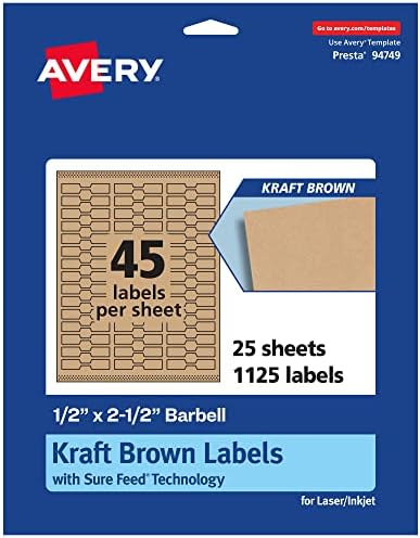 Avery® Kraft Brown Barbell Labels, Sure Feed® Technology, 0.5" x 2.5", 1,125 Kraft Brown Labels, Laser/Inkjet Printable