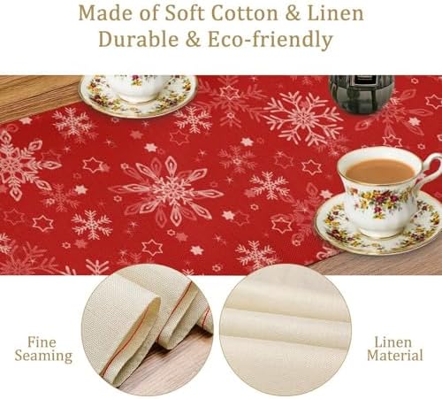Red Snowflakes Christmas Table Runner, Seasonal Winter Holiday Kitchen Dining Table Decoration for Home Party Decor 13x36 Inch