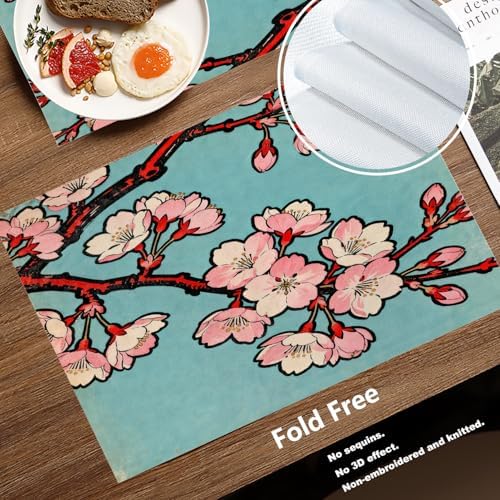 Batmerry Shabby Chic Cherry Blossom Linen Placemats Set of 8, Pink Floral Turquoise Background Washable Table Mats for Kitchen Table Thickened Heat Insulation Dining Set Indoor Outdoor 12X18 in