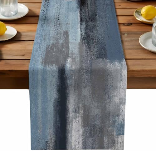 Blue Grey Graffiti Table Runner Dresser Scarf 13 x 36 Inch Abstract Oil Paint Art Mottled Texture Modern Table Runners Non-Slip Heat Resistant Kitchen Dining Table Decor for Home Indoor Outdoor
