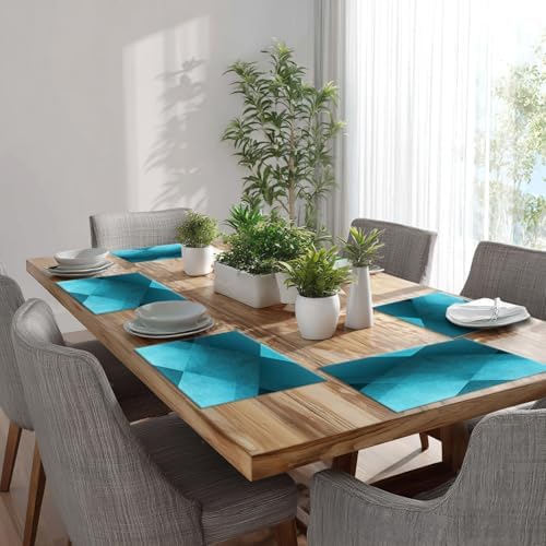 Batmerry Teal Modern Geometric Placemats, Vintage Washable Linen Table Mats for Kitchen Table Double Insulation Decor Dining Set Indoor Outdoor 12X18 in Set of 6