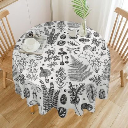 Vintage Mushroom Tablecloth, Black White Nature Forest Fern Leaves Autumn Plants Botanical Print Table Cover for Home Dining Decor Kitchen Party Outdoor, 50x50in