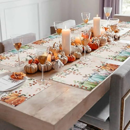 Fall Thanksgiving Placemats Set of 6, Autumn Pumpkins Eucalyptus Leaves Heat Resistant Washable Dining Table Mats Fall Holiday Farmhouse Decor for Kitchen&Linens Outdoor Indoor, Blue Sage Green Orange