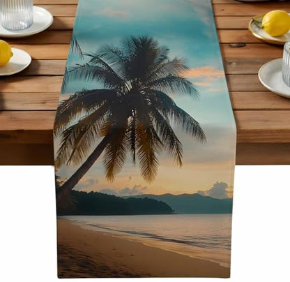 Sunset Beach Table Runner Dresser Scarf 13 x 108 Inch Tropical Coastal Ocean Palm Tree Nautical Table Runners Non-Slip Heat Resistant Kitchen Dining Table Decor for Home Holidays Indoor Outdoor