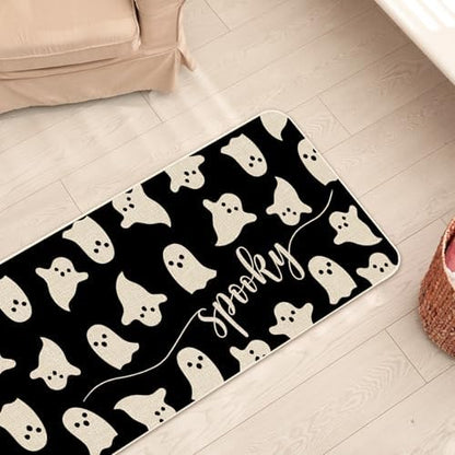 JarThenaAMCS Halloween Ghost Kitchen Mat Set of 2 Black Spooky Ghost Boo Kitchen Floor Mats Cute Non-Slip Door Rugs for Halloween Party Home Bathroom Entrance