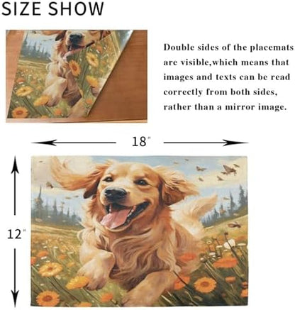 ALAZA Happy Golden Retriever in Flower Field Set of 6 Placemats Rectangle Table Mat for Dining Table Restaurant Kitchen Home Decor, 12" x 18"