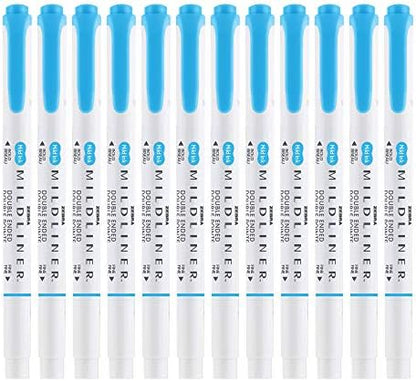 Zebra Pen MILDLINER No Bleed Highlighter, Cyan Color, Dual Tip, 12-Pack