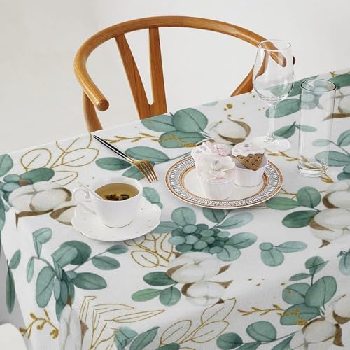 Cotton Flowers Tablecloth, Watercolor Summer Green Golden Eucalyptus Leaves Floral Print Table Cloth for Outdoor Picnic Home Dining Kitchen Table Decor 60x110in