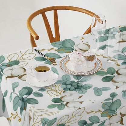 Cotton Flowers Tablecloth, Watercolor Summer Green Golden Eucalyptus Leaves Floral Print Table Cloth for Outdoor Picnic Home Dining Kitchen Table Decor 60x120in