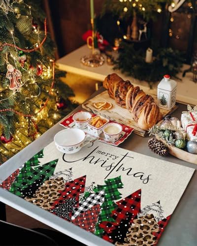 Merry Christmas Placemats Set of 6, Buffalo Plaid Xmas Tree Winter Forest Farmhouse Heat Resistant Washable Table Place Mat Red Green Table Linens Party Holiday Decor For Kitchen Dining Outdoor Indoor